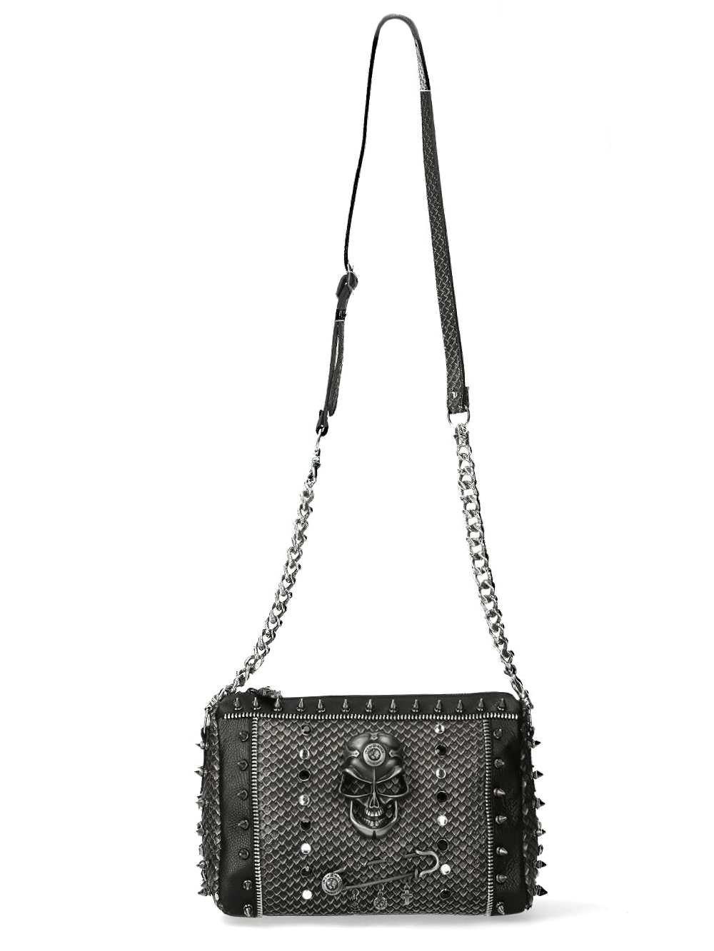 Skull-embellished black leather crossbody bag with studded details and chain strap.