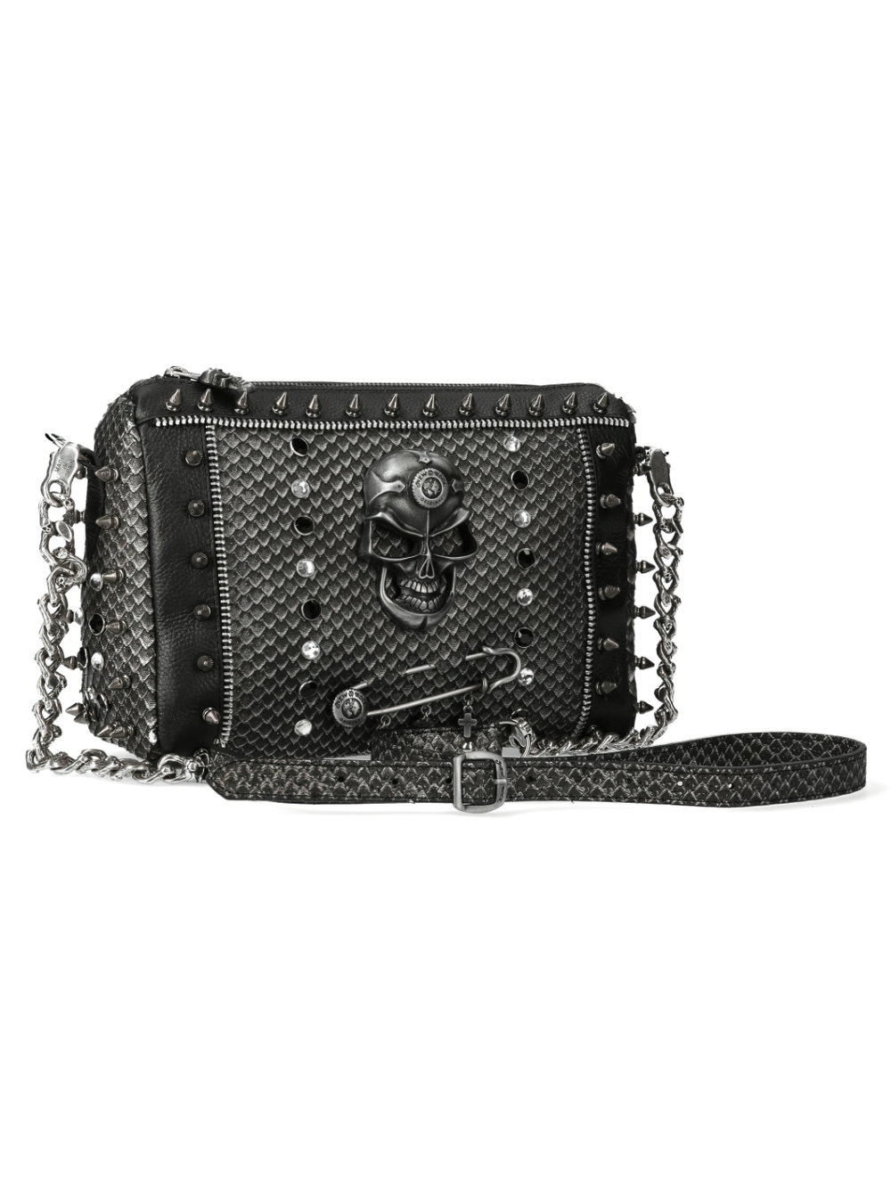 Black leather studded crossbody bag with skull clasp and chain strap for edgy sophistication.