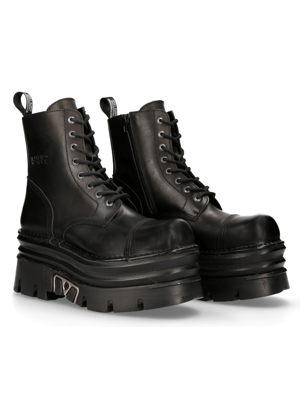 NEW ROCK men's black military-style leather boots with chunky sole and zipper detail, perfect for a rugged look.