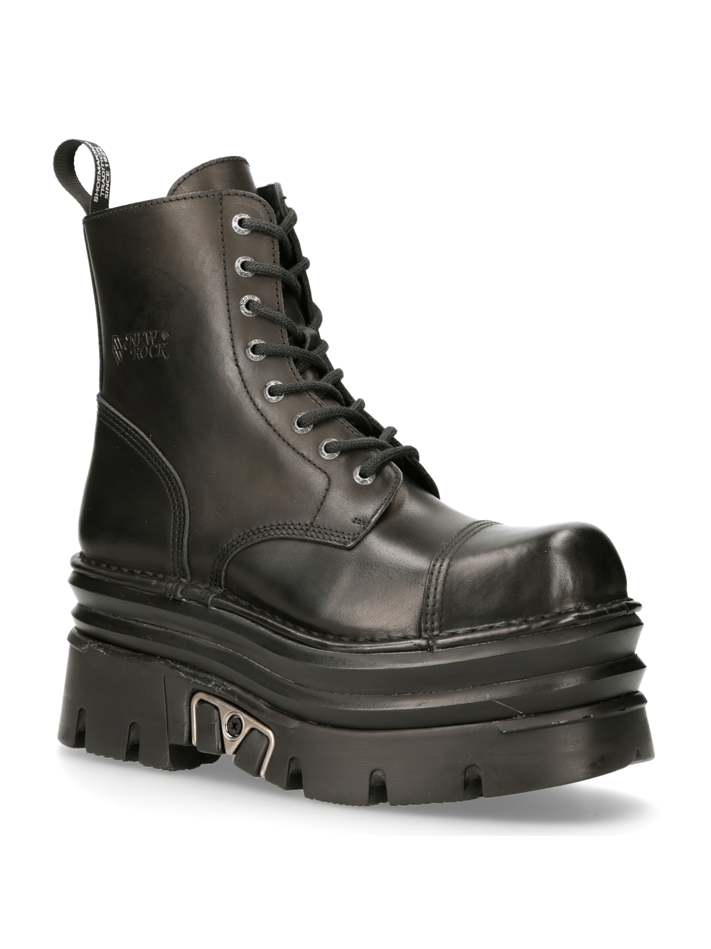 NEW ROCK Men's black military-style leather boots with chunky sole, combining gothic and punk elements for a bold look.