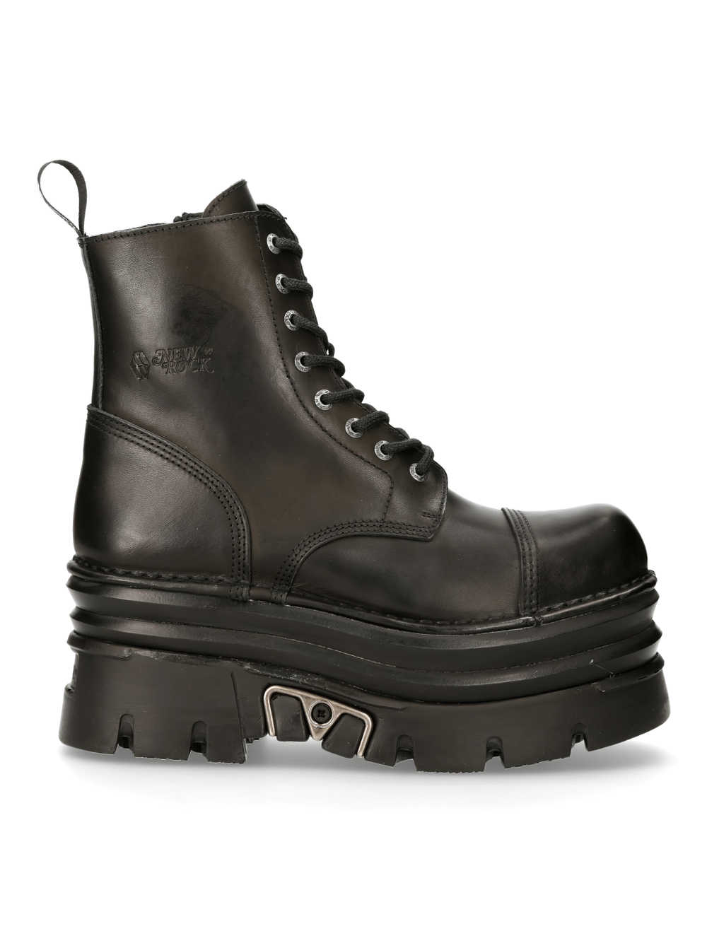 Sturdy black military-style leather boots from NEW ROCK, featuring gothic and punk design with heavy-duty rubber sole.