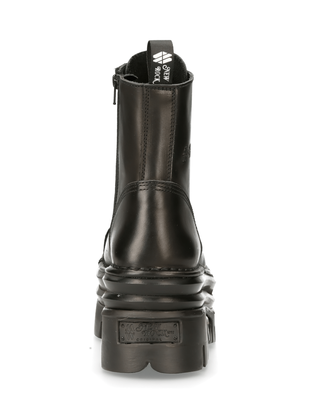 Stylish back view of NEW ROCK men's black military-style leather boots with chunky sole.