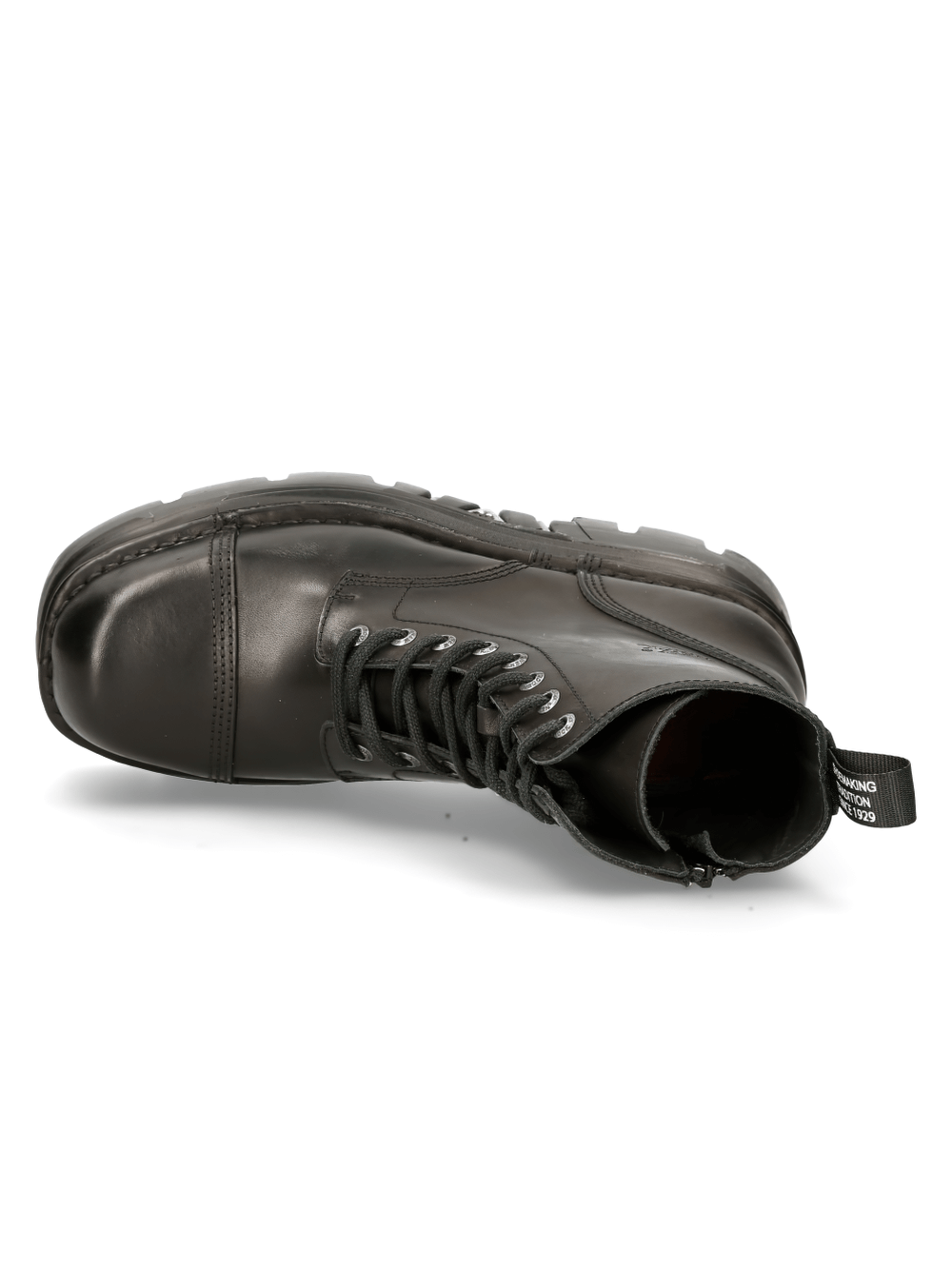 NEW ROCK black military-style leather boot showcasing heavy-duty construction and punk-inspired design.