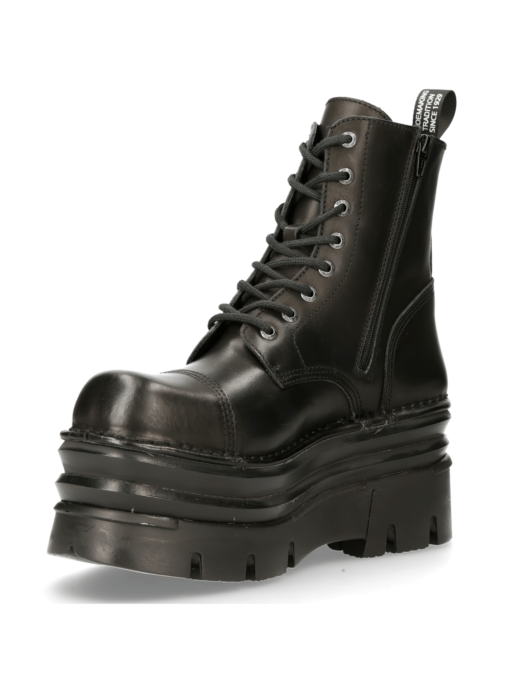 NEW ROCK black military-style leather boots with chunky sole and gothic design, perfect for a rugged look.