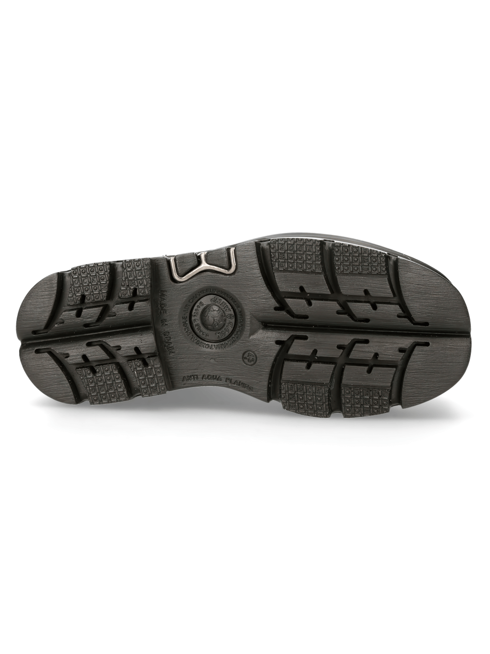 Bottom view of NEW ROCK military-style leather boots featuring a rugged rubber sole for excellent grip and durability.