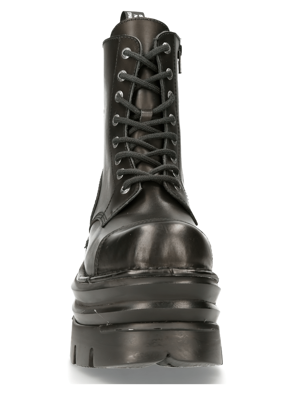 NEW ROCK Men's black military-style leather boots with lace-up design and chunky sole for rugged style.