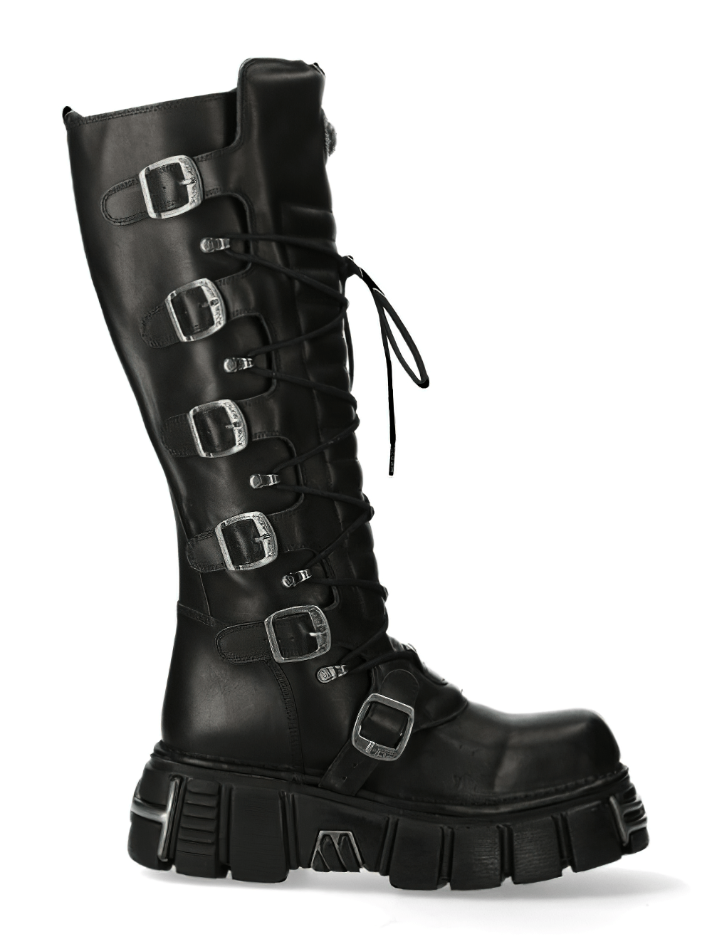 NEW ROCK Gothic Style High Lace-Up Boots with Buckles and Zipper, crafted from genuine cow leather.