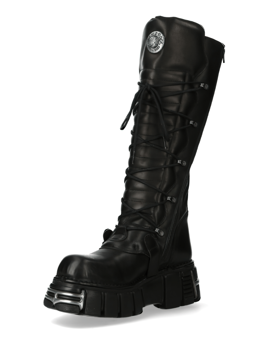 NEW ROCK high lace-up boots in black leather with buckles and a chunky heel, perfect for gothic and punk style.