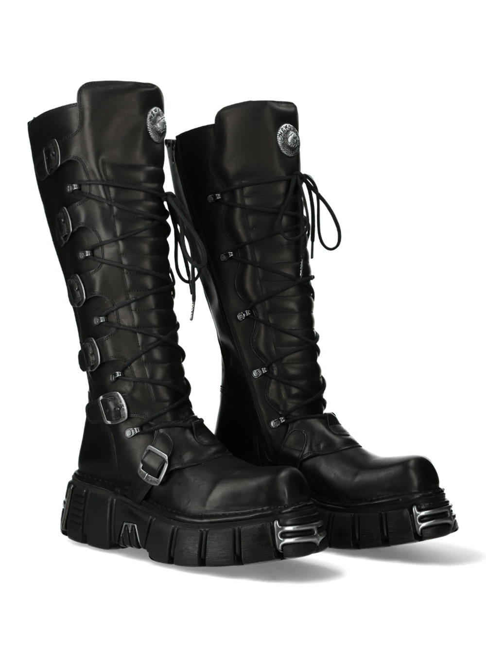 NEW ROCK Gothic High Lace-Up Boots with Buckles in black leather, featuring a sturdy flat heel and punk style.