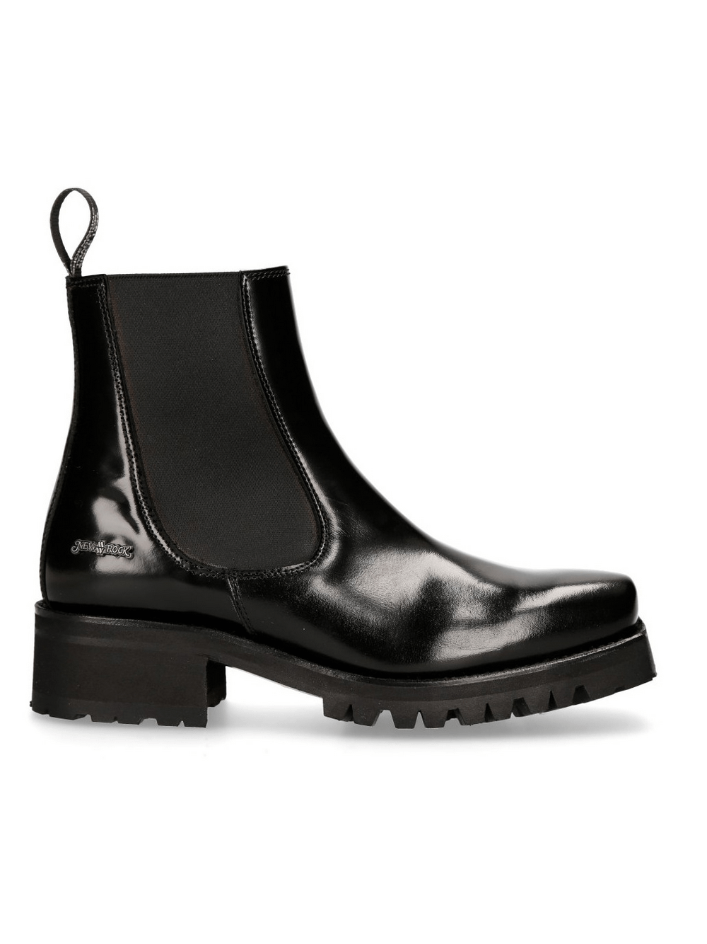 NEW ROCK stylish black ankle Chelsea boots with elastic gores and rugged sole for bold fashion statements.