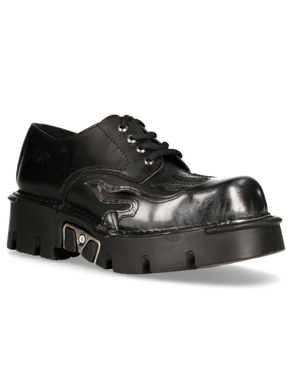 NEW ROCK bold black platform shoes for men and women, featuring a unique gothic design and durable rubber sole.