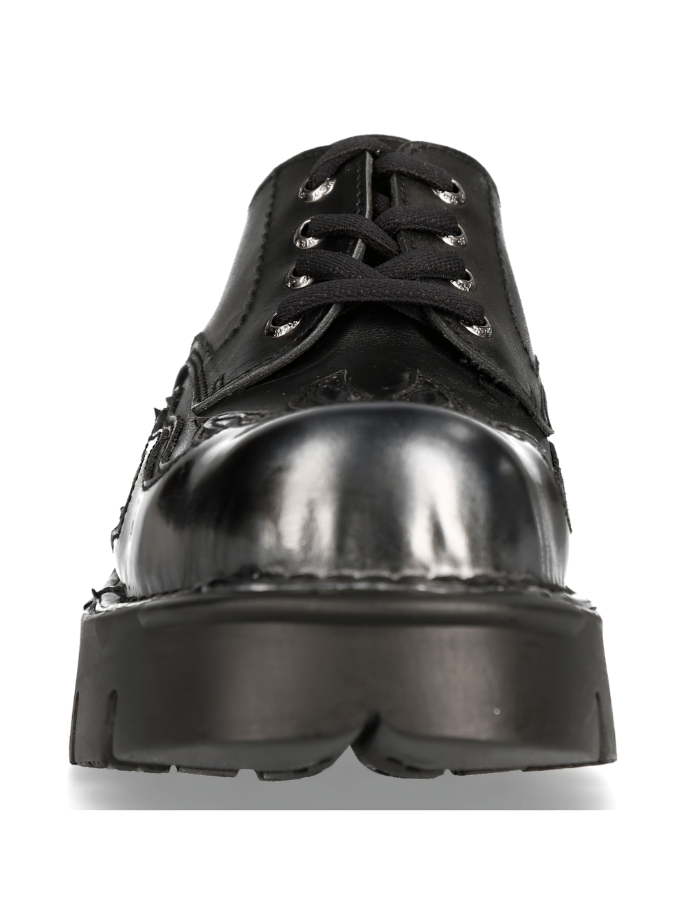 Close-up of NEW ROCK stylish black platform shoes with a bold metallic finish and urban gothic design.