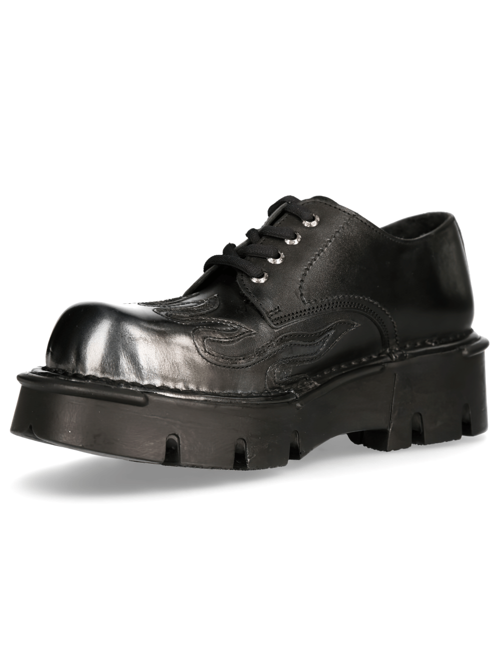 NEW ROCK bold platform shoes with sleek black finish and unique gothic design features.