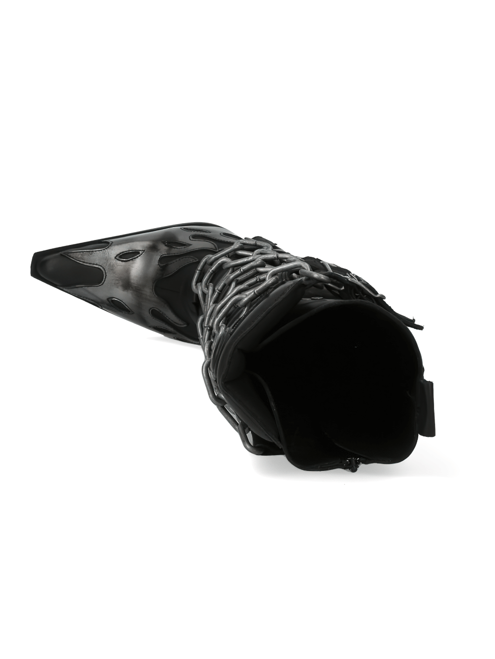 Stylish Gothic high boot with chains, featuring a sleek design and genuine leather craftsmanship.