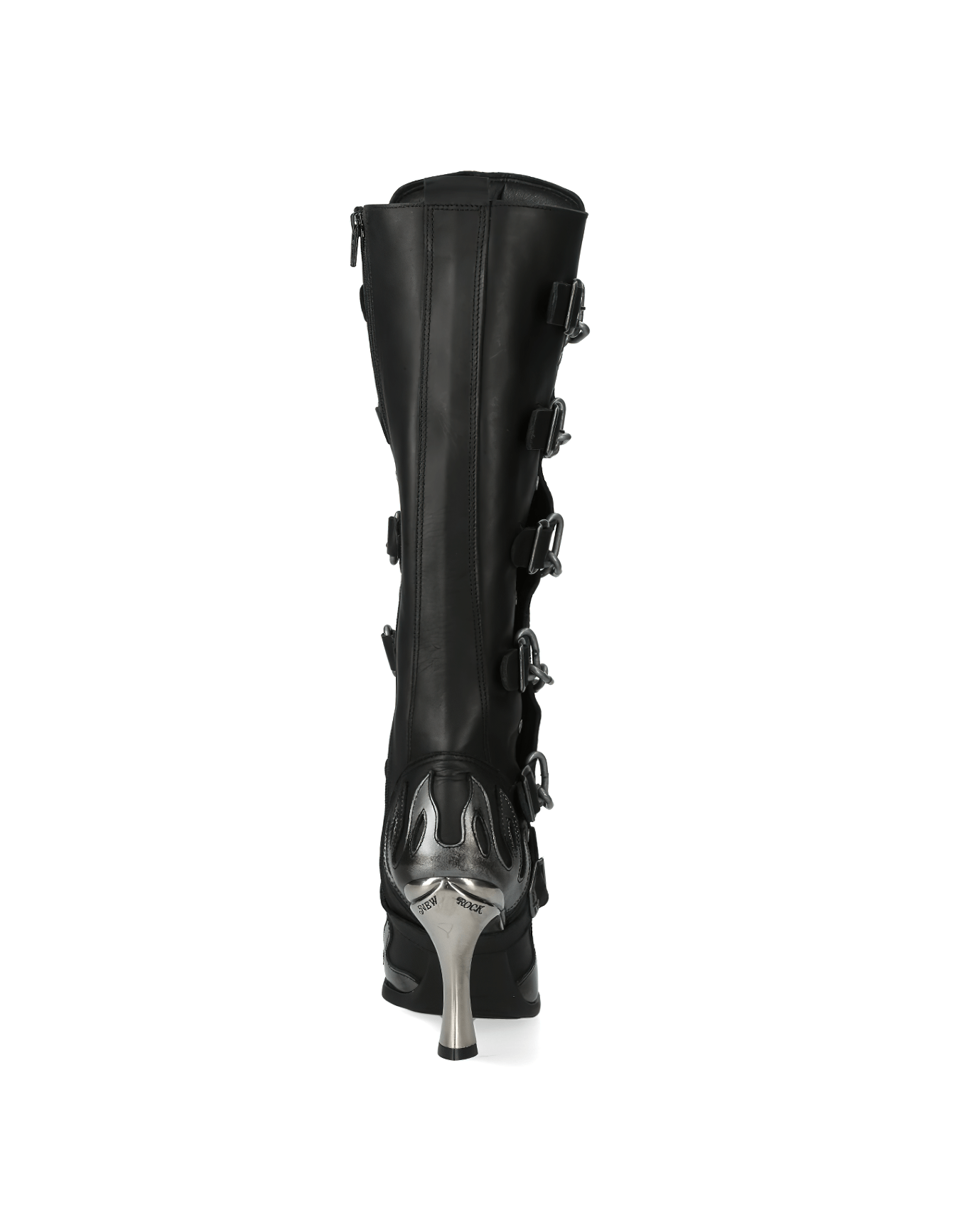 Back view of NEW ROCK Gothic high boots with chains, featuring stylish buckle details and striking metallic heels.