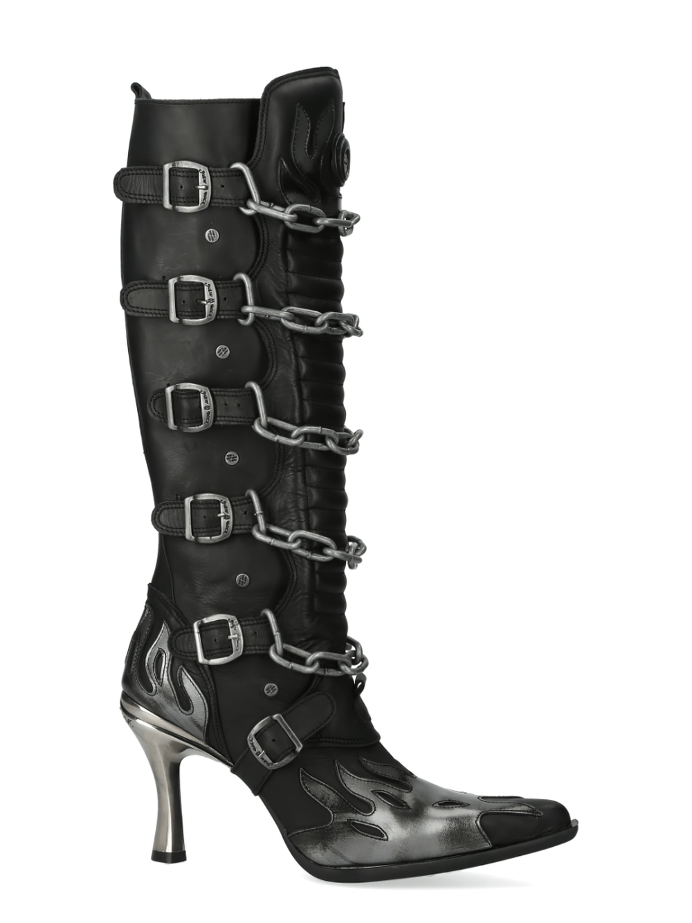NEW ROCK Gothic high boots with chains and flames, featuring a stylish heeled design, perfect for punk fashion lovers.