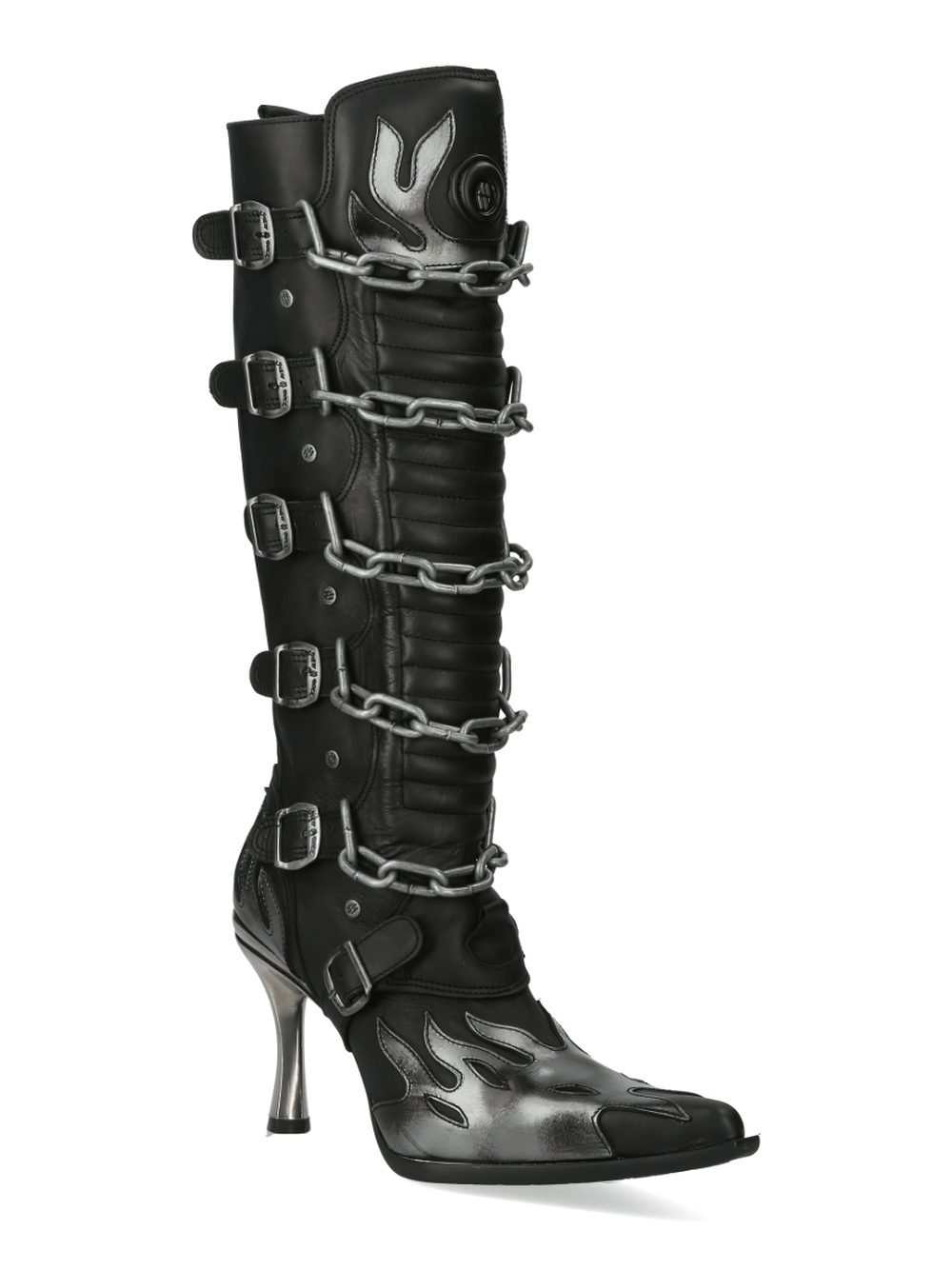 NEW ROCK Gothic High Boots with chains, showcasing punk elegance and metallic flair, ideal for standout urban fashion.