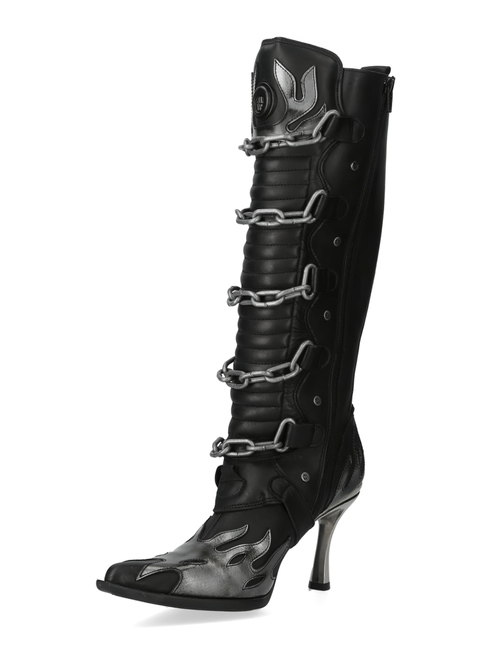 Women’s Gothic high boots with chains, featuring a sleek punk design and heeled silhouette from the MALICIA COLLECTION.