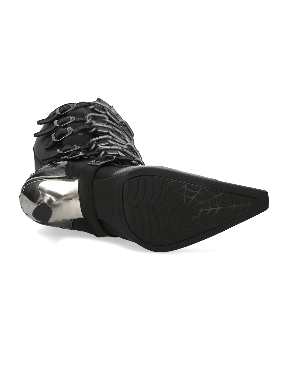 Stylish Gothic high boot with chains and metallic elements from the MALICIA COLLECTION, perfect for bold urban fashion.