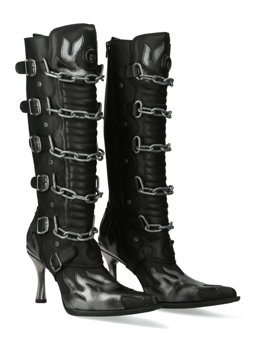 NEW ROCK Gothic High Boots with Chains, stylish punk design in black leather, perfect for bold, urban fashion.