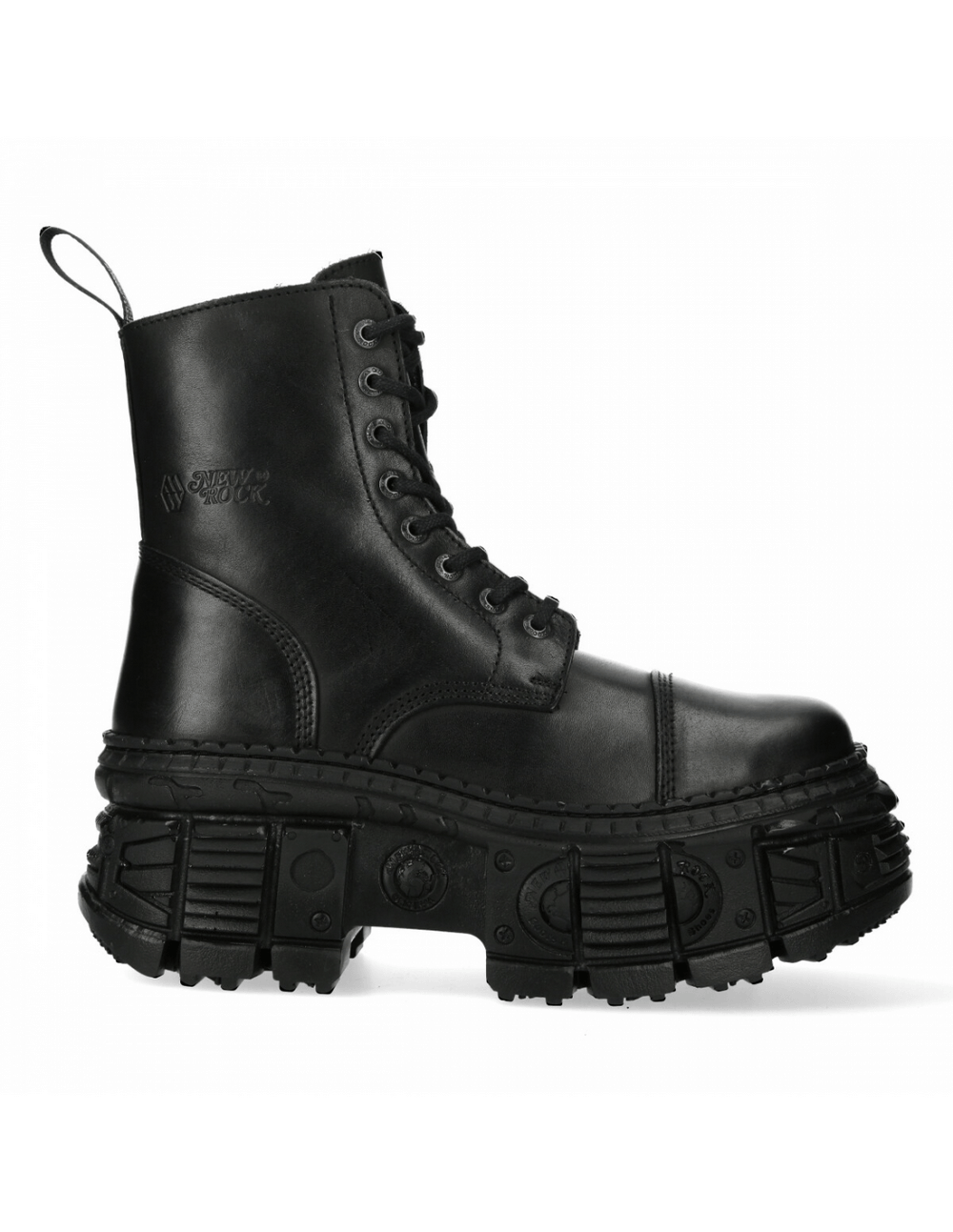NEW ROCK black gothic ankle boots with platform, featuring military design and robust leather construction.