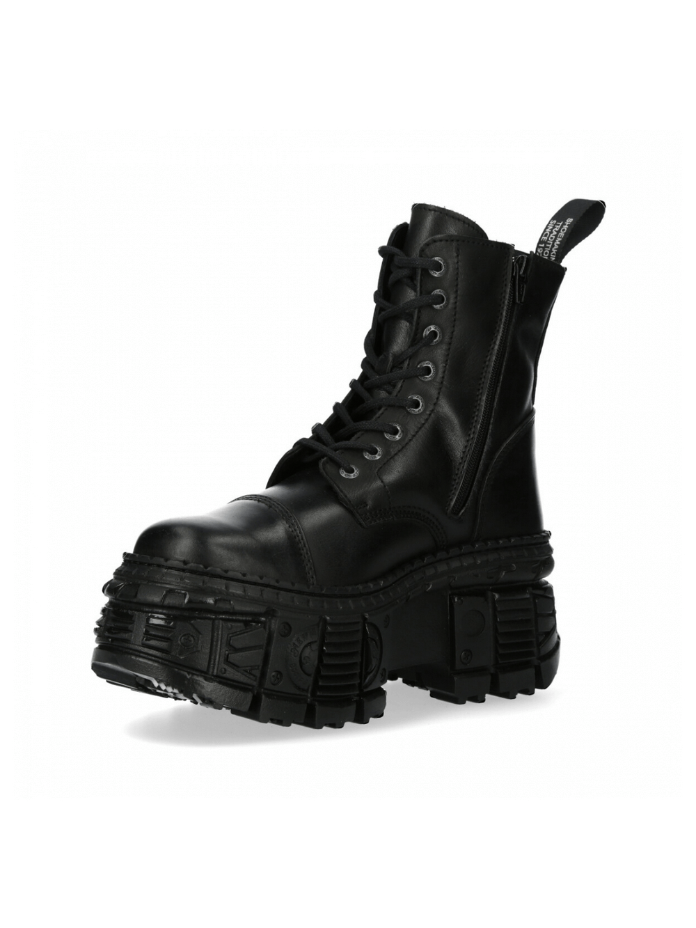 NEW ROCK Gothic style black ankle boots with platform heel and military design, featuring lace-up and zipper clasp.