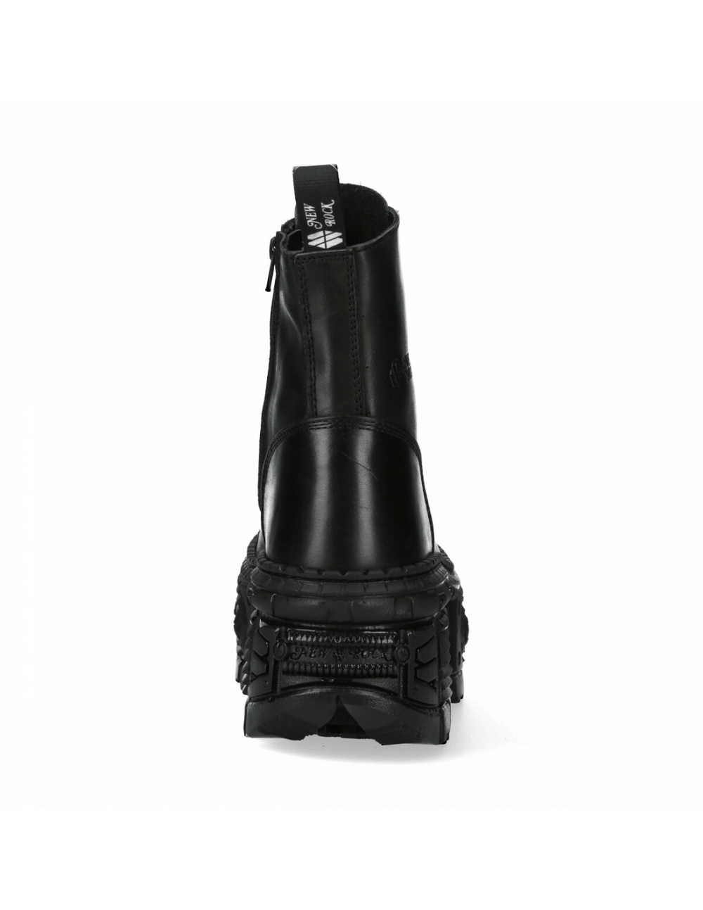 Back view of NEW ROCK stylish gothic ankle boots, featuring a chunky platform and sleek black leather.