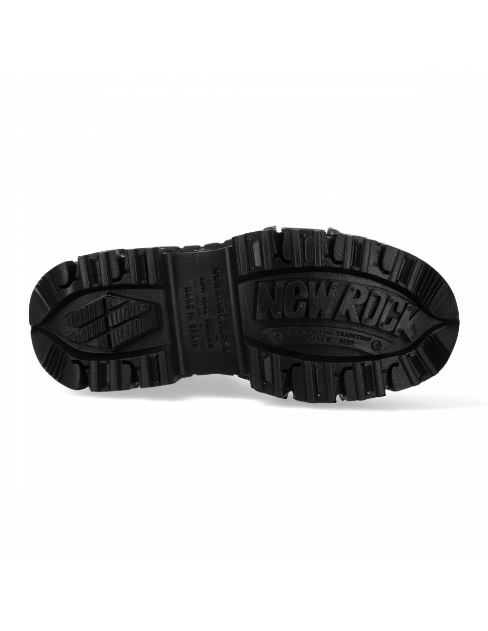 New Rock black ankle boot sole featuring rugged grip and military design for urban toughness and style.