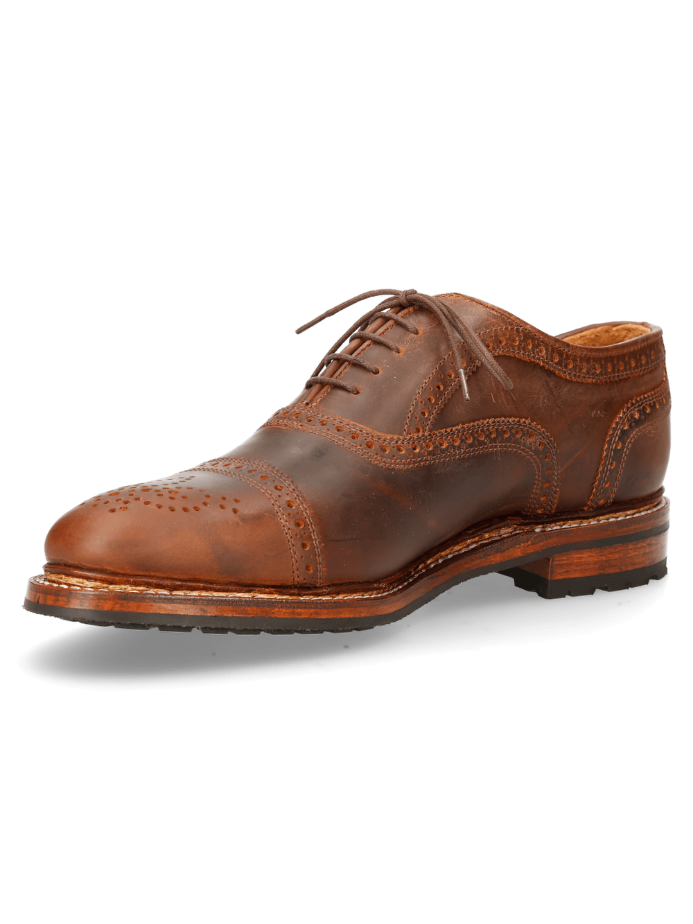 Stylish tan leather wingtip shoes from the WEST COLLECTION, combining durability and western charm for men and women.