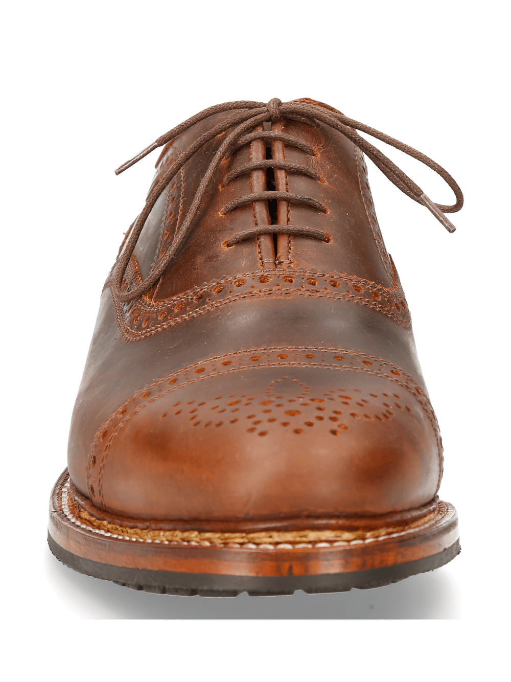 Front view of NEW ROCK tan leather wingtip Oxford shoes, showcasing intricate design and lace-up style.