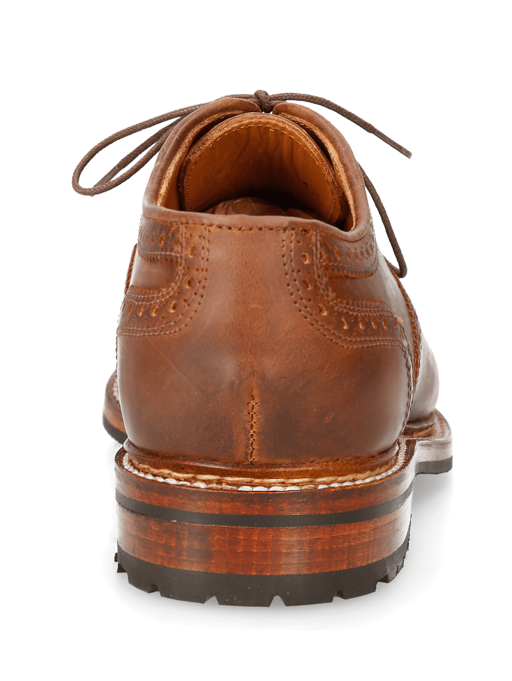 Back view of stylish tan leather wingtip lace-up shoes showcasing robust construction and elegant design.