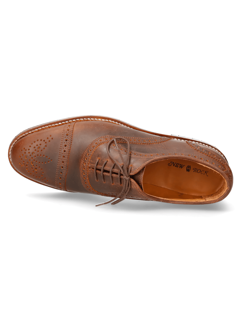 Top view of NEW ROCK tan leather wingtip lace-up shoe showcasing intricate design and quality craftsmanship.