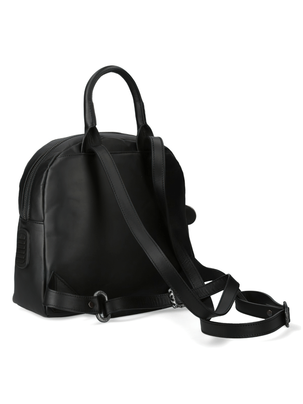 Sleek black leather backpack with stylish zippered design and adjustable straps, perfect for punk rock enthusiasts.