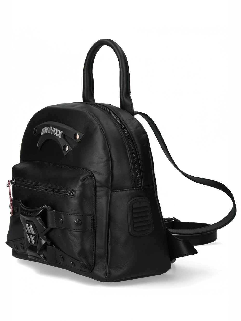 NEW ROCK Black Gothic Urban Rock Leather Backpack with zipper clasp and punk design.