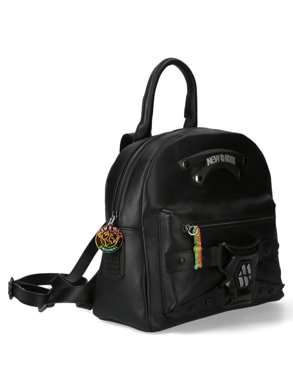 NEW ROCK Black Gothic Leather Backpack with punk zipper design and stylish embellishments.