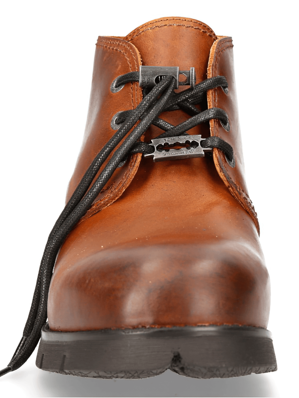 Close-up of NEW ROCK stylish brown lace-up leather shoes showcasing premium craftsmanship and rugged design.