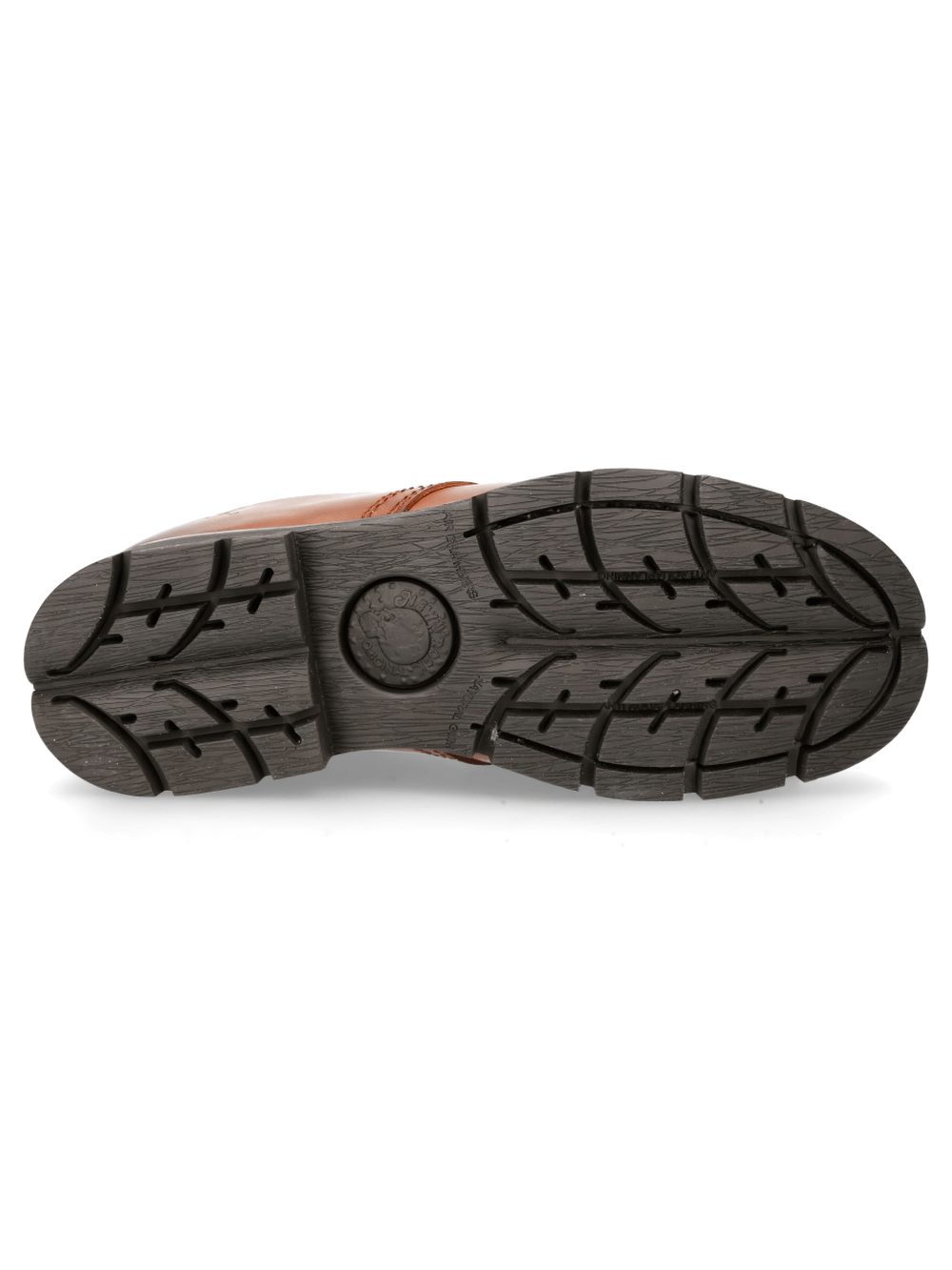 Brown lace-up leather shoe sole with detailed tread for optimal traction and durability. Perfect for urban rock style!