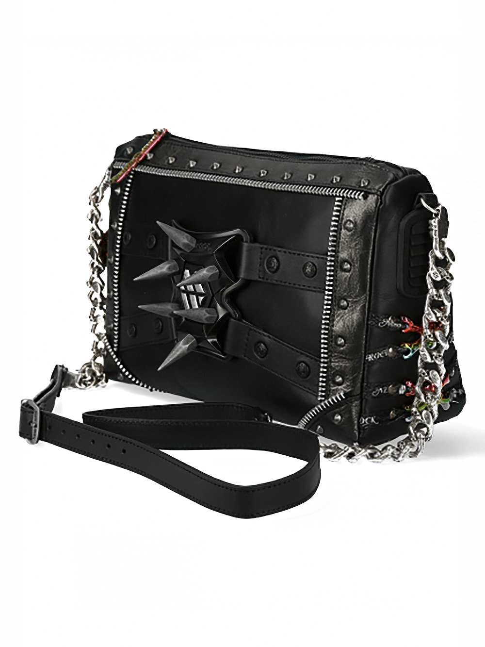 Spiked black leather crossbody bag with chains, ideal for punk or gothic fashion lovers.