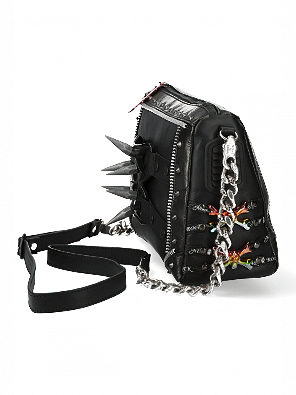 NEW ROCK spiked black leather bag with detachable chain strap, perfect for bold punk and gothic styles.