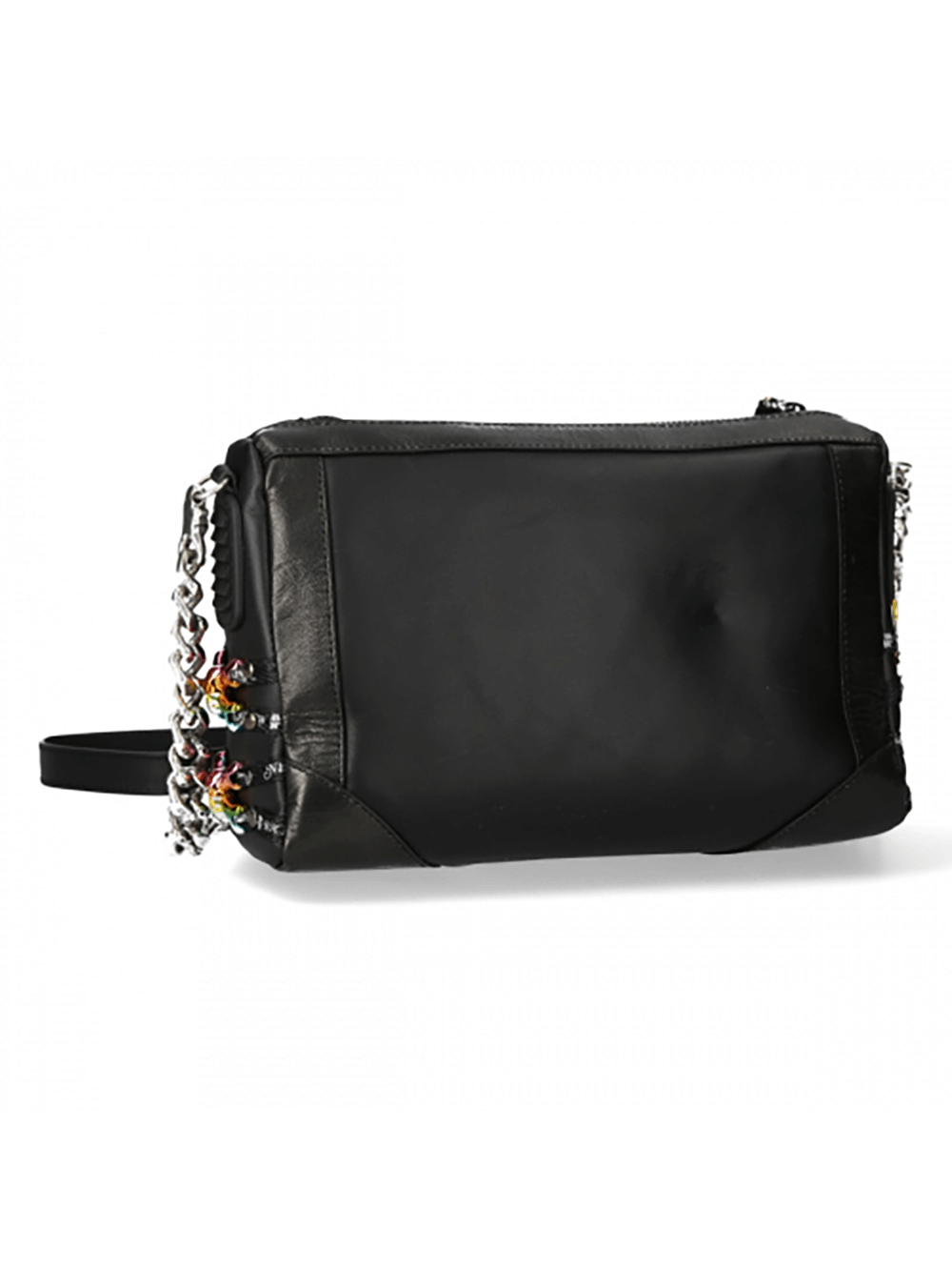 Stylish spiked black leather crossbody bag with chain strap, perfect for bold punk fashion.