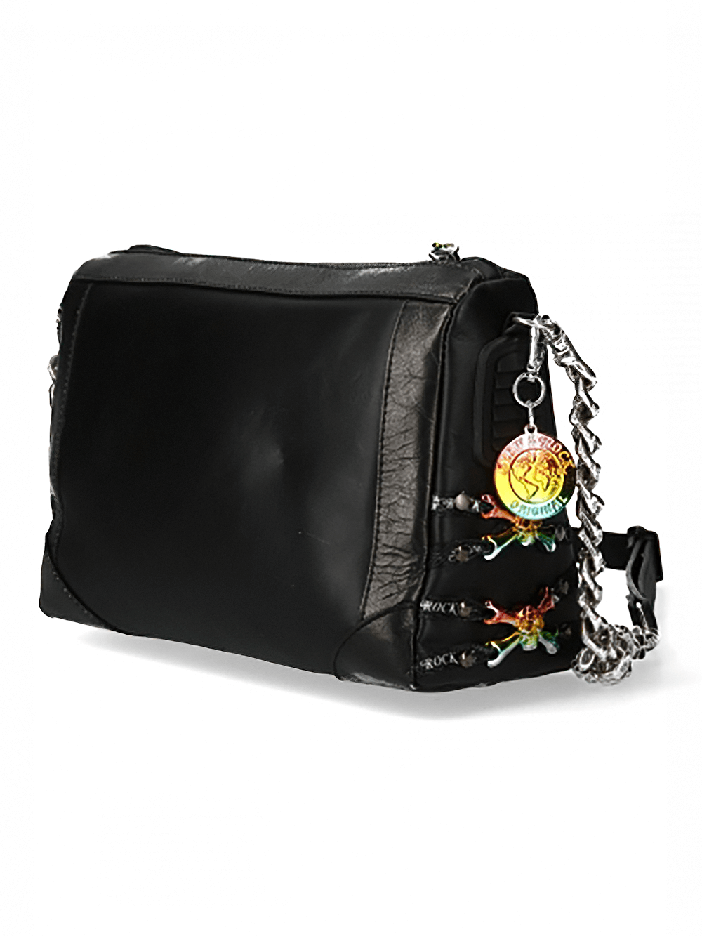 Black spiked leather crossbody bag with chain strap and charms for a bold punk style.