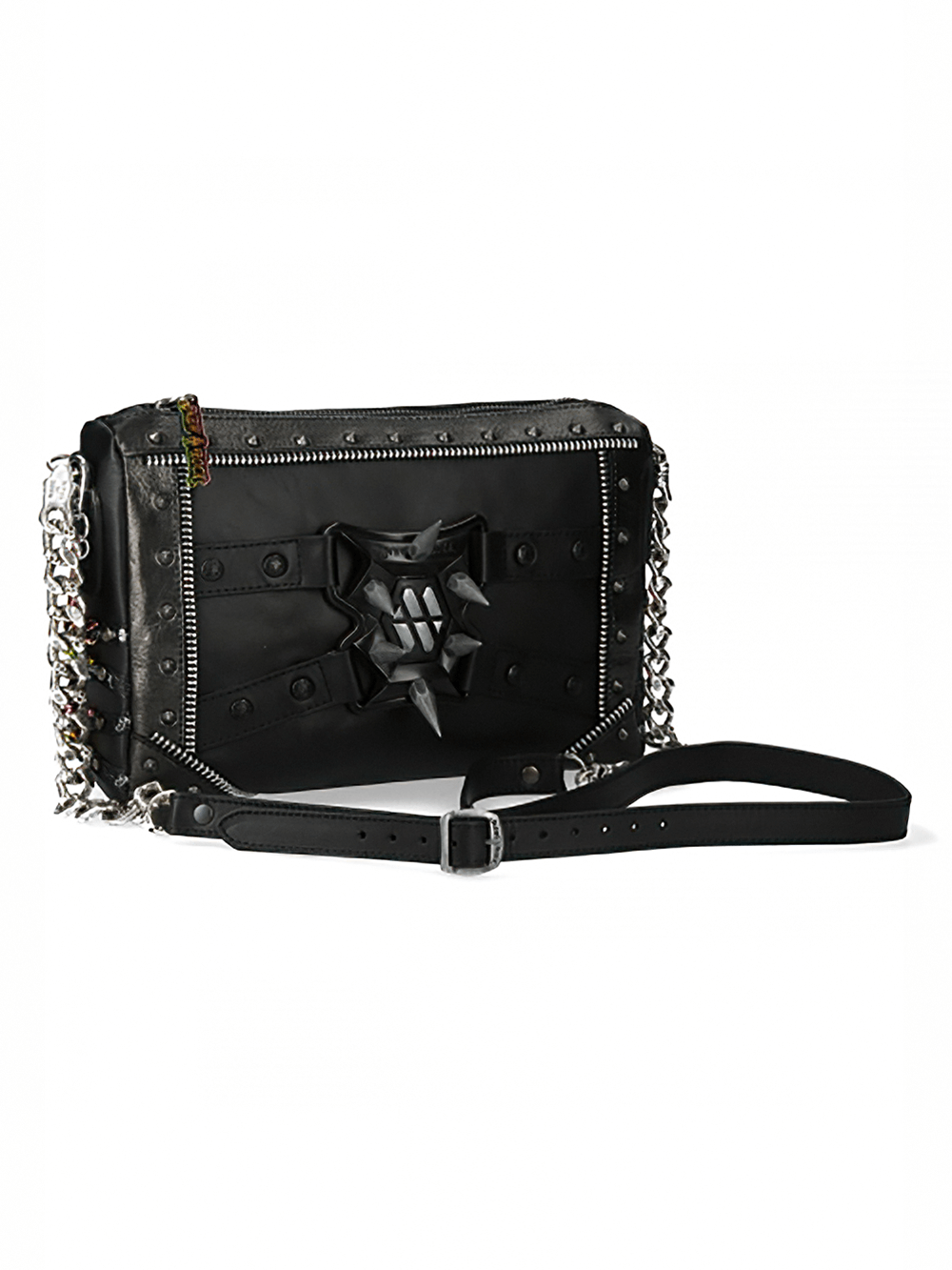 Stylish spiked black leather crossbody bag with chain strap, perfect for punk and gothic fashion lovers.