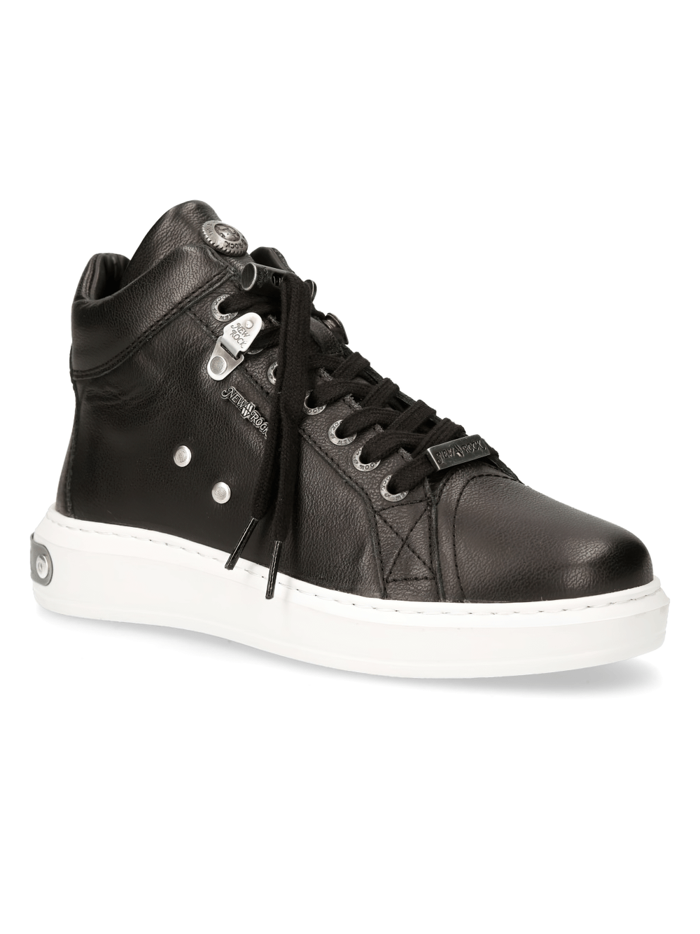 NEW ROCK stylish urban punk leather sneakers with lace-up design in black, featuring durable cow leather and white rubber sole.