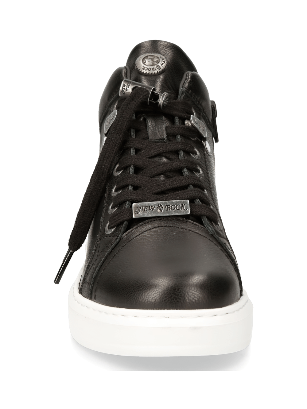 NEW ROCK men's black leather sneakers with stylish lace-up design and contrast rubber sole.