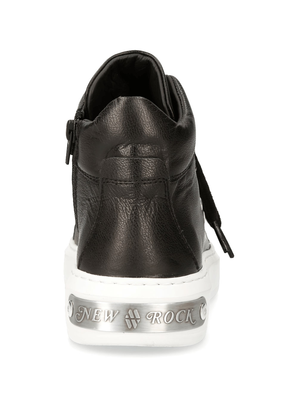 Back view of NEW ROCK men's black leather sneaker showcasing unique cord clasp and stylish logo detailing.