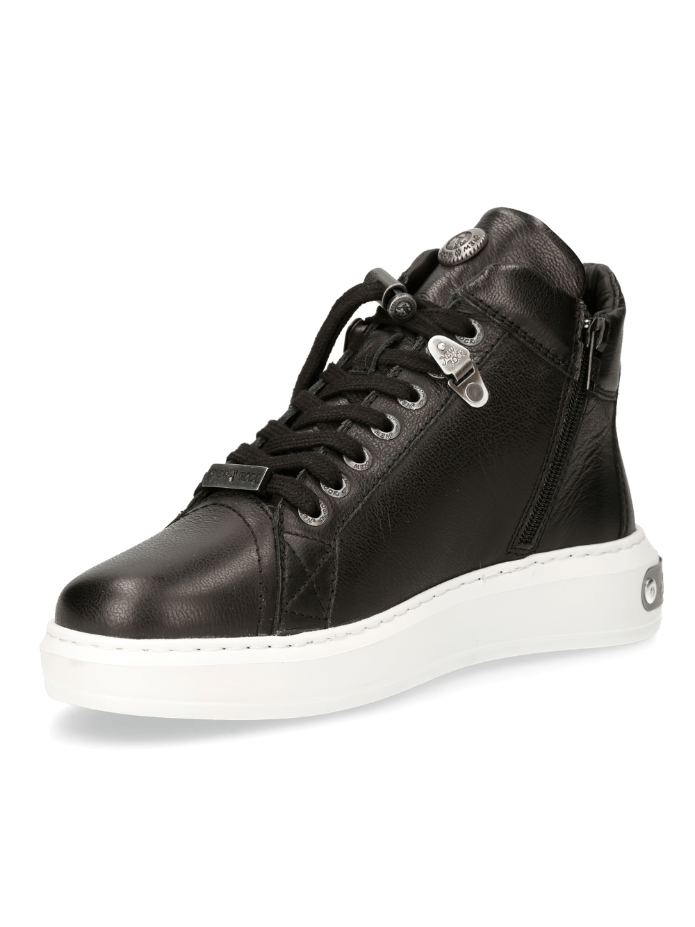 NEW ROCK black leather urban punk sneakers with lace-up design and silver hardware details.