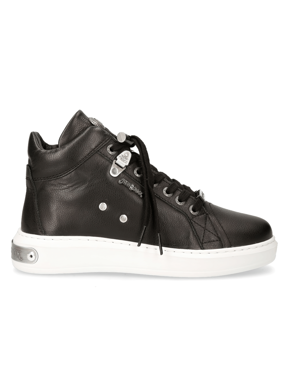 NEW ROCK black leather urban punk sneakers with lace-up design and white sole, perfect for trendy street style.