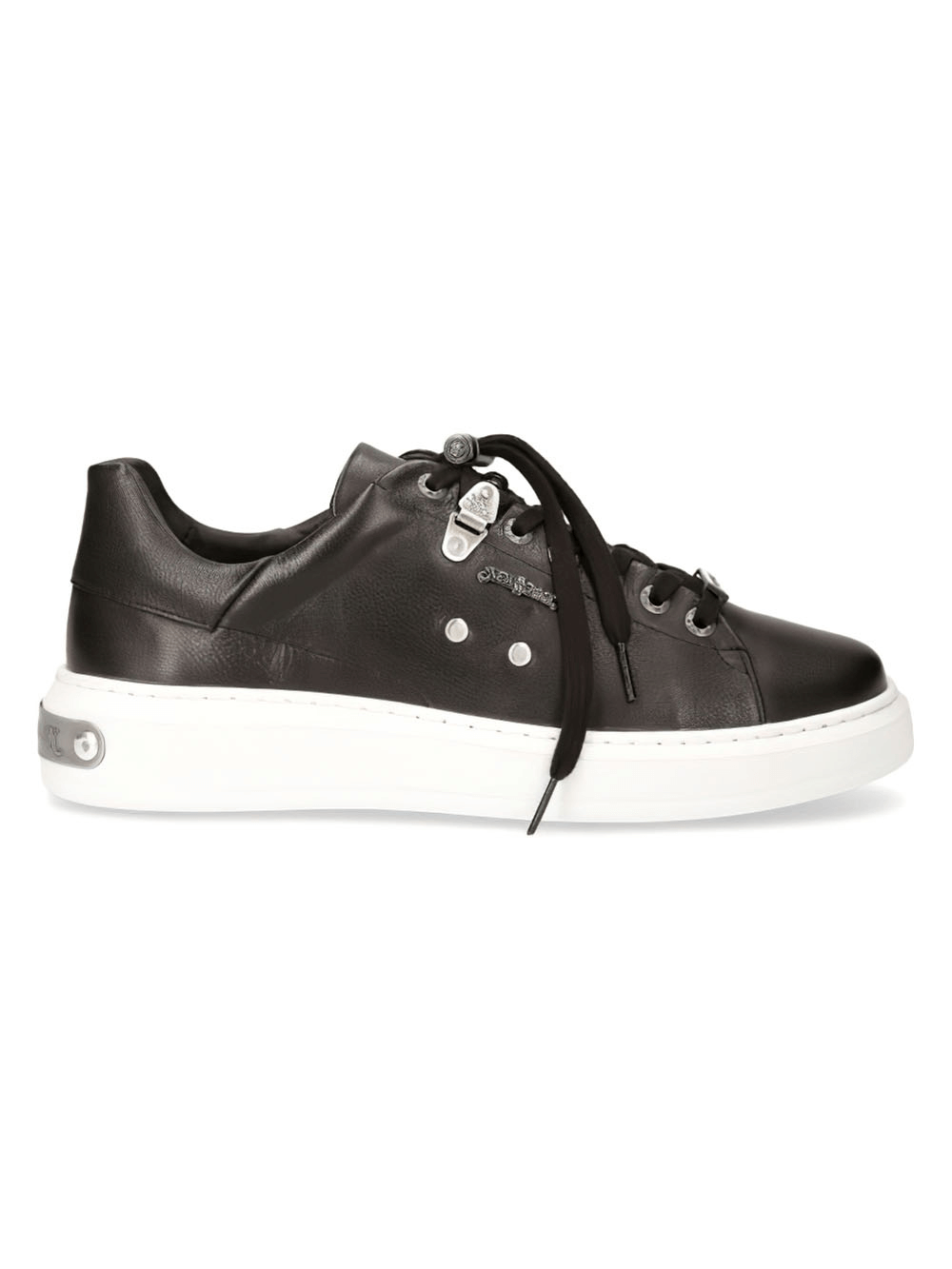 Stylish women's black leather sneakers with white soles and chic lace-up design for a bold urban look.