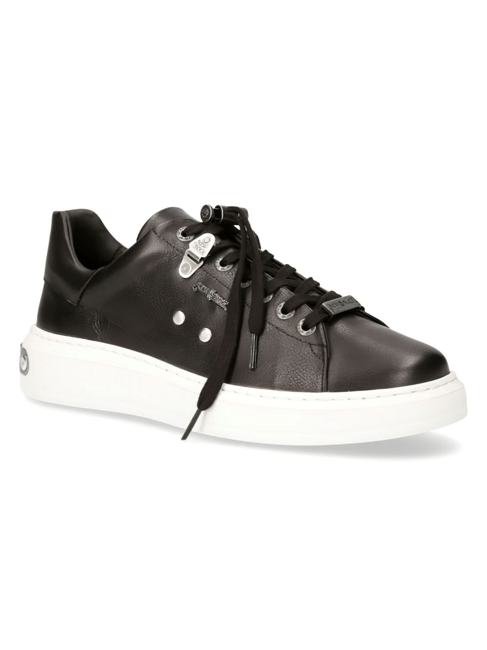 Stylish women's black leather sneakers with white soles, lace-up design, perfect for urban fashion and bold statements.
