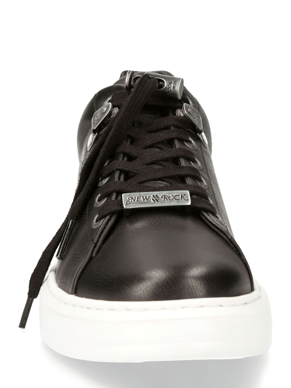 NEW ROCK stylish black leather sneakers with lace-up design and white sole, perfect for contemporary urban fashion.